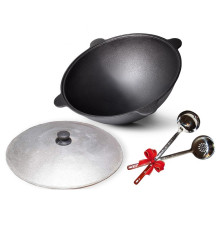 Узбекский казан чугунный 16 литров с алюминиевой крышкой. В комплекте шумовка и половник