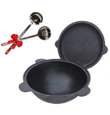 Узбекский казан чугунный 22 литра с крышкой - сковородой. В комплекте шумовка и половник