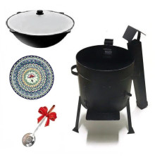 Набор печь для казана усиленная с дымоходом Мастер и казан на 10 литров. В комплекте шумовка и ляган 32 см